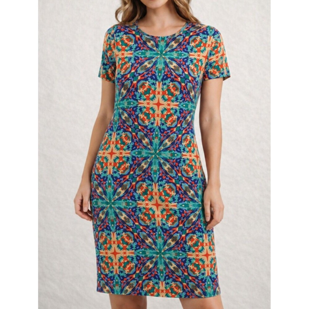 LuLaRoe Julia Dress Size L Kaleidoscope Geometric Print Short Sleeve Midi